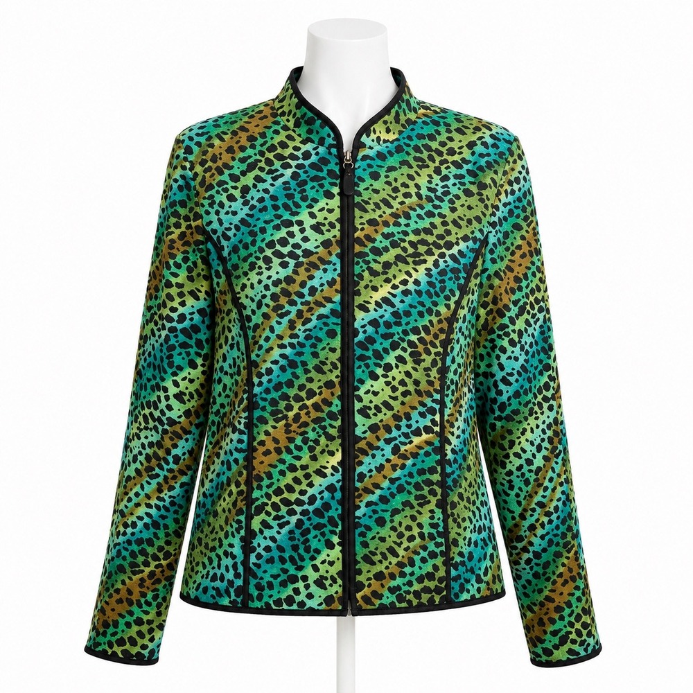 Maggy London Jacket Womens 4 Green Teal Silk Animal Print Leopard Cheetah Luxe